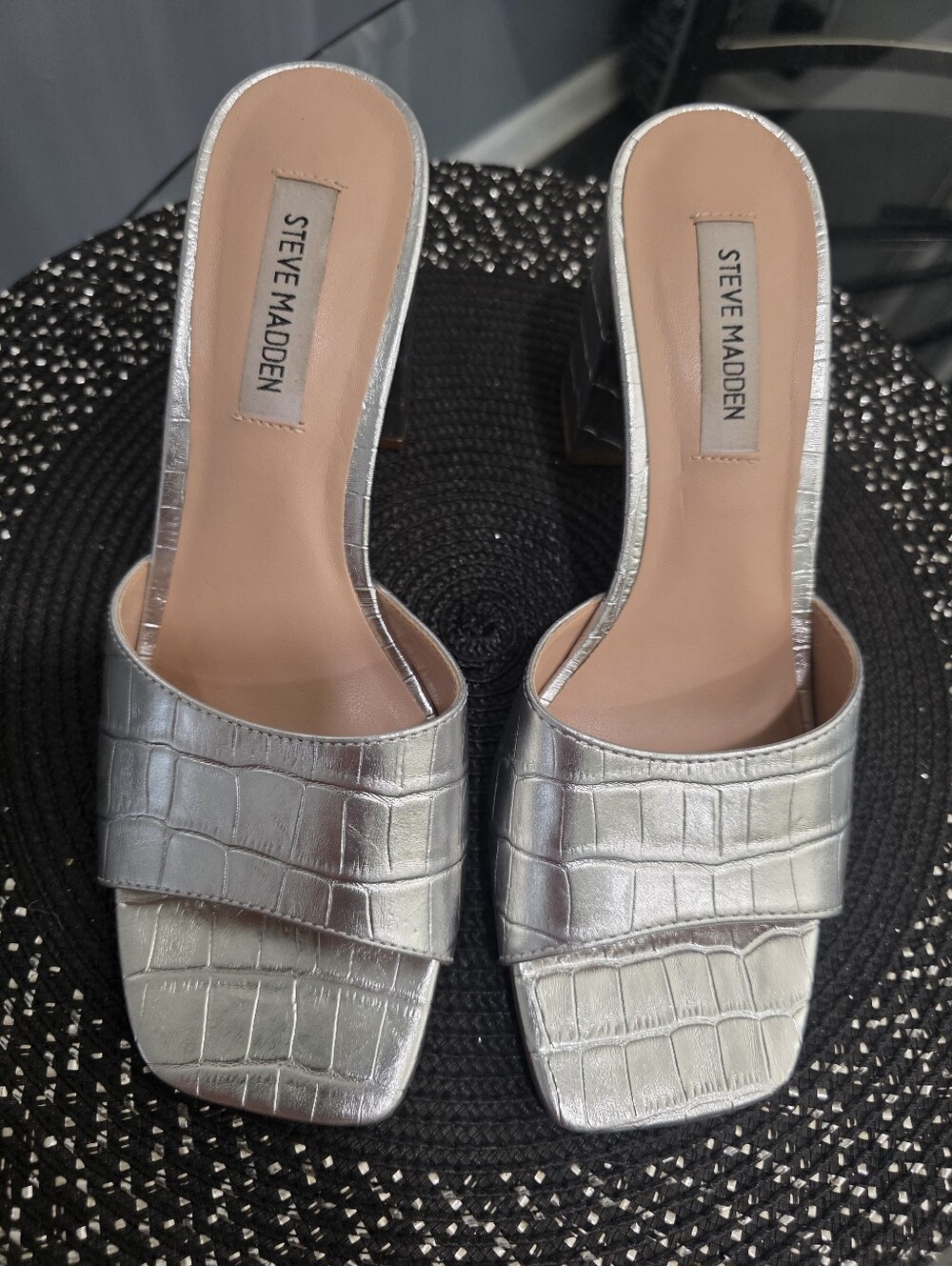 Steve Madden Metallic Silver Croc-Embossed Slide Mules
